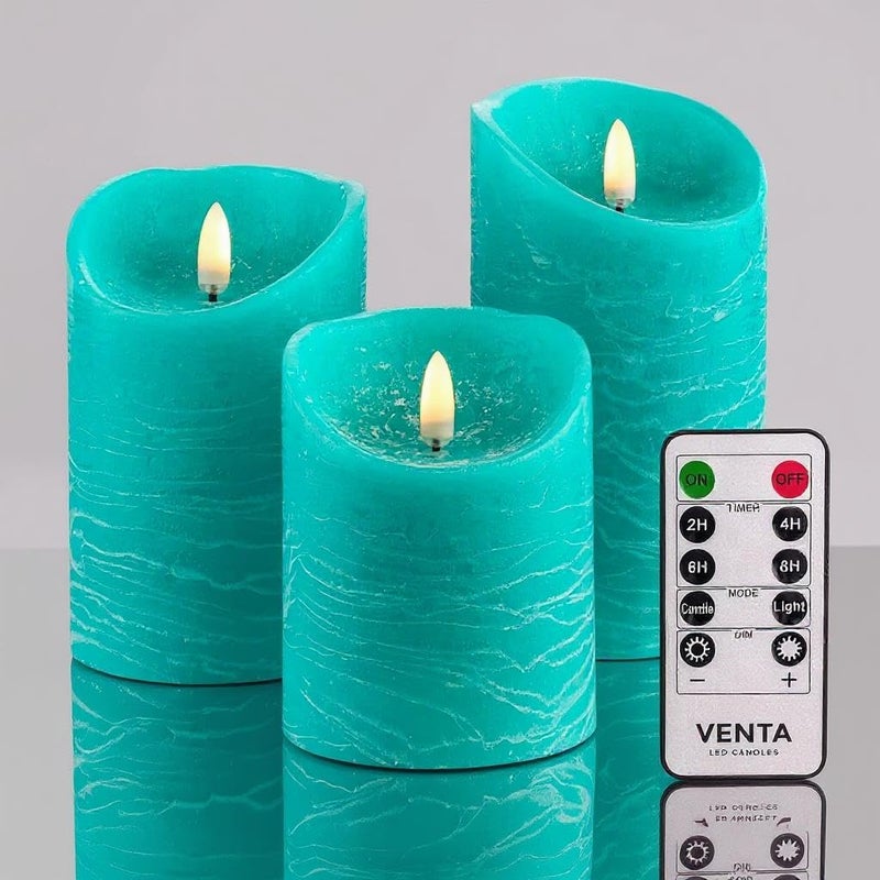 VENTA Turquoise Real Wax Flameless Candles, Set of 3 | Realistic Teal LED Pillar Candles with Remote & Timer | Perfect for Coastal, Beach House & Nautical Decor - Image 1